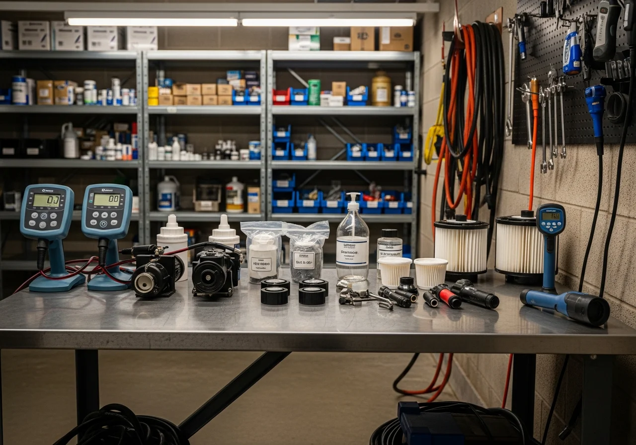 Shop floor with hot tub repair tools, diagnostic equipment, and service supplies organized for rapid response work.