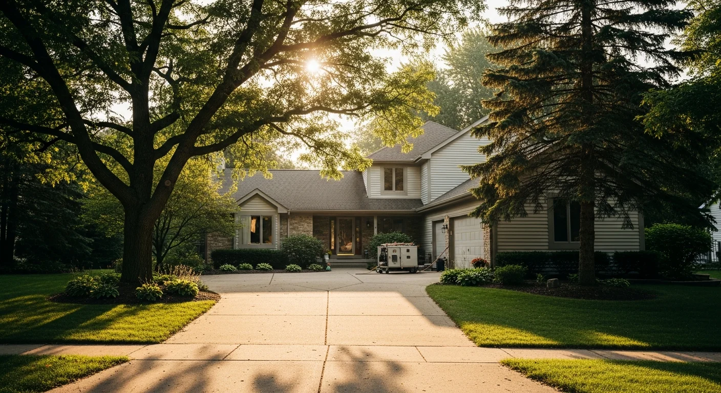 Suburban Maple Grove home with mature landscaping and driveway in morning light.