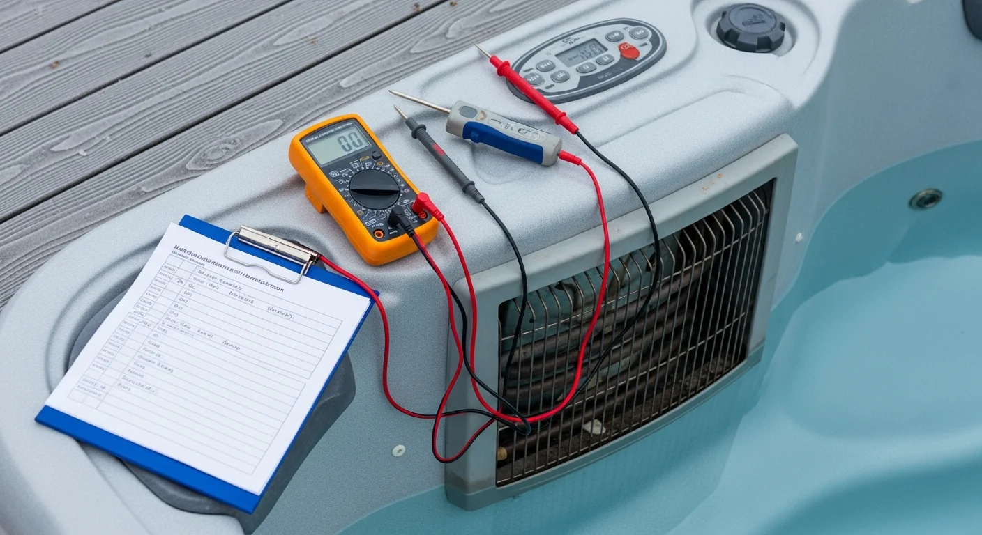 An IronManHotTubs technician performing a hot tub diagnostic inspection on a residential spa in Maple Grove, Minnesota. The technician examines the equipment compartment, checking the pump and heater components on a cold-weather day.