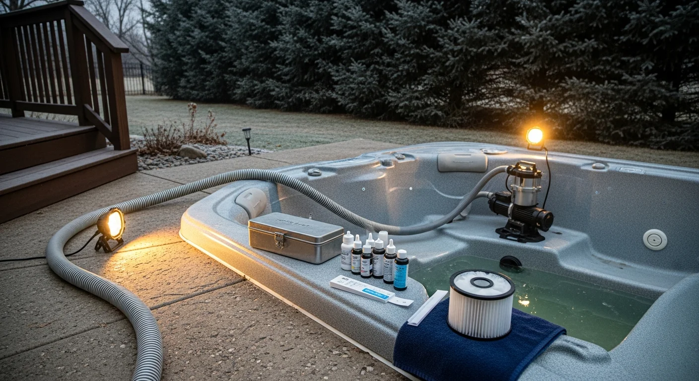 A clean, freshly refilled residential hot tub in a Maple Grove backyard after a professional drain and refill service. The shell interior is clear of waterline buildup and the water is visibly clean and ready for use.