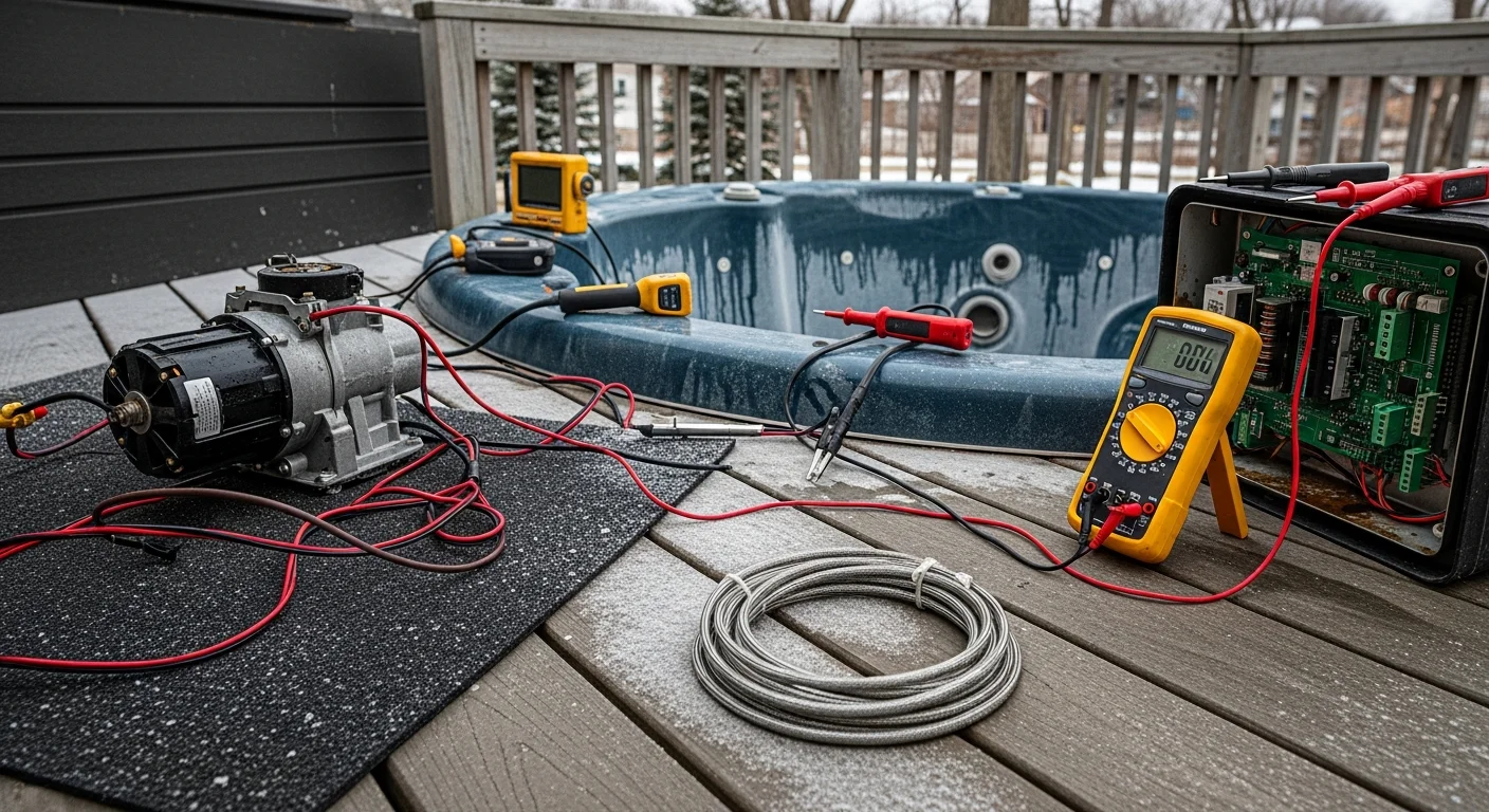 A hot tub technician inspecting the electrical control panel and GFCI disconnect box on a residential hot tub in a Maple Grove, MN backyard. The image shows the open equipment compartment with wiring connections and a heating element visible.