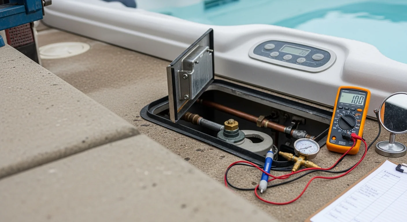 A hot tub technician from IronManHotTubs inspecting an open heater assembly on a residential spa in Maple Grove, Minnesota. The image shows the heating element, plumbing connections, and control panel visible during a diagnostic repair visit.