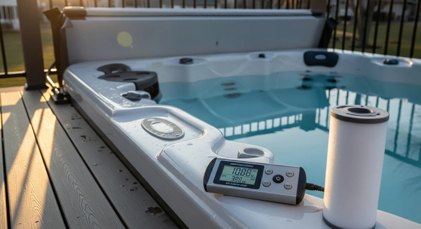 A clean, well-maintained hot tub on a residential backyard deck in Maple Grove, Minnesota, with clear water and a secured spa cover in place. An IronManHotTubs technician inspects the filter and equipment panel during a routine maintenance visit.