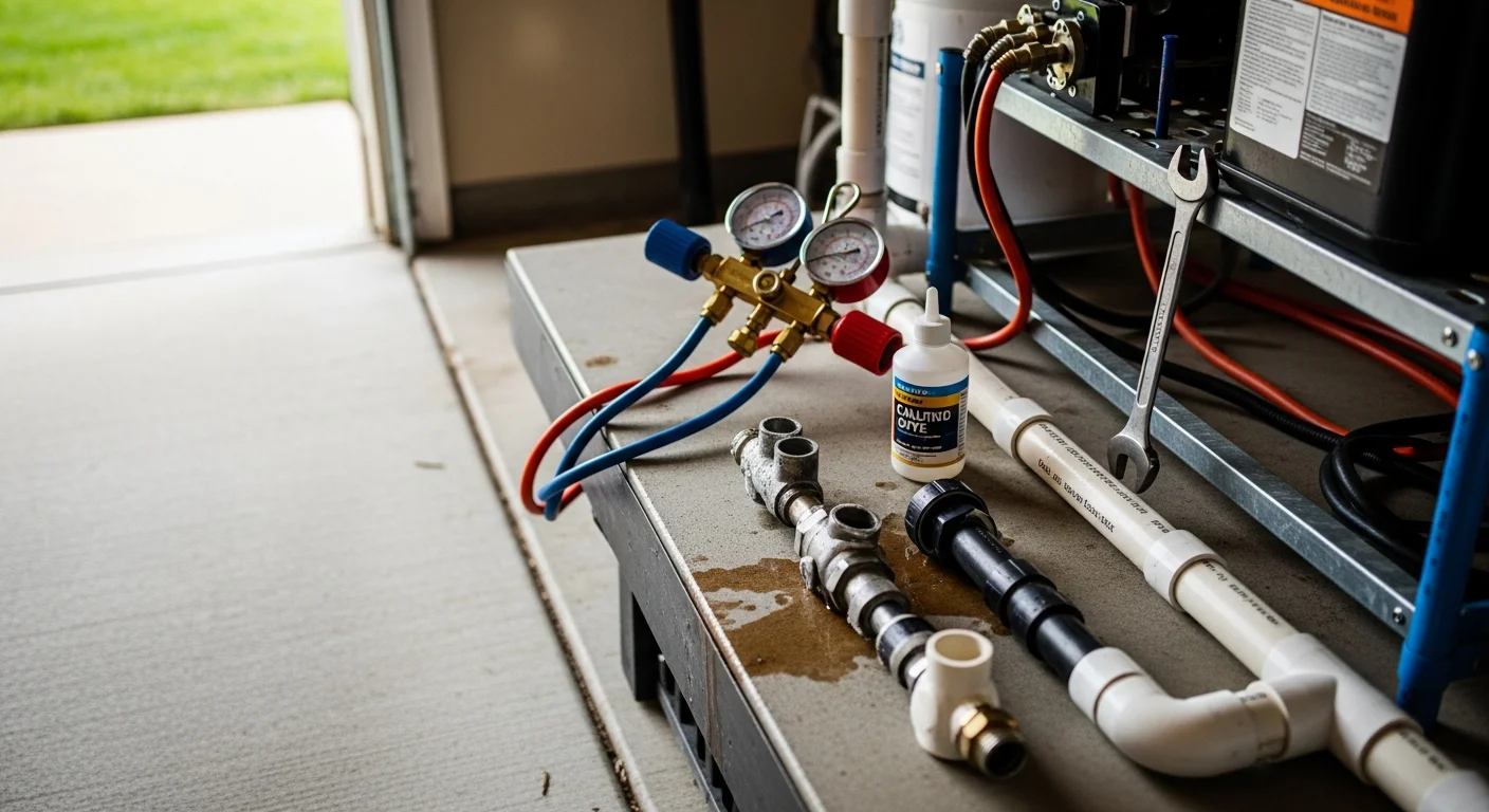 A hot tub equipment bay open for inspection in a Maple Grove backyard, showing PVC pipe joints, pump unions, and jet plumbing connections being examined for leaks. A technician from IronManHotTubs checks fittings and seals as part of a plumbing repair service call.