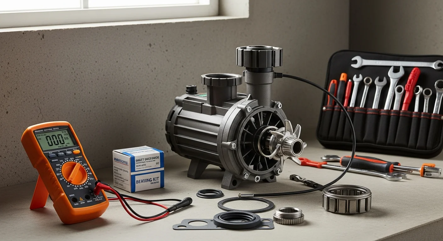 A hot tub pump and motor assembly removed from a spa cabinet during a repair service call at a Maple Grove, Minnesota home. A technician inspects the wet end and fittings for seal wear and impeller damage.