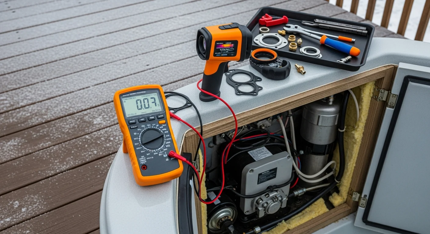 A hot tub technician inspecting the pump and heater compartment of a residential hot tub in a Maple Grove backyard. The equipment panel is open and components are visible during a repair service call.