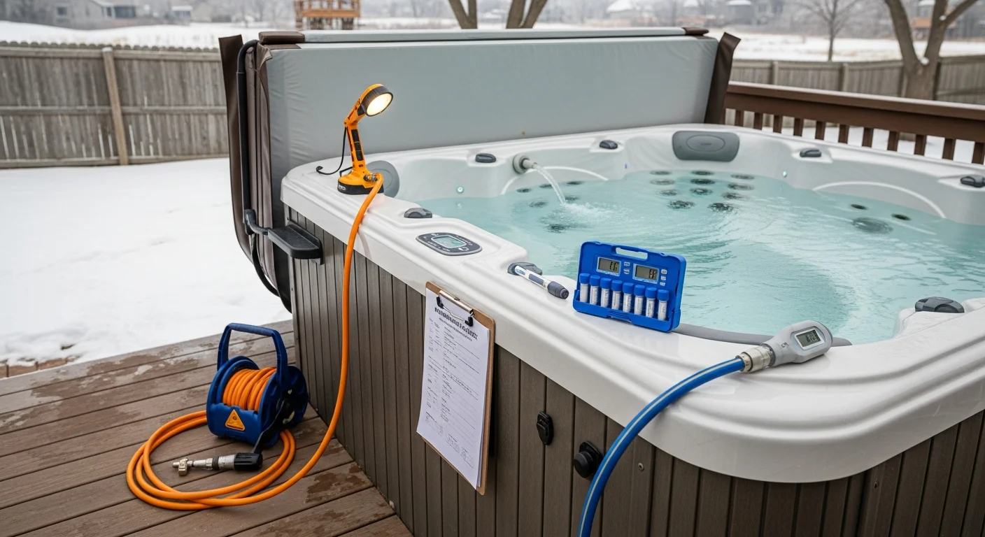 An IronManHotTubs technician testing water chemistry and checking jet function during a hot tub startup service visit at a Maple Grove, MN residential backyard. The spa is filled and running with a snow-dusted yard visible in the background.