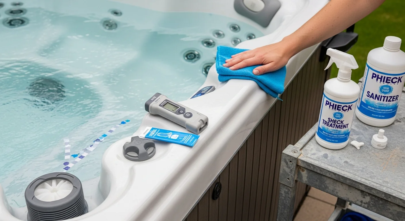 A clear, steaming hot tub with clean waterline and visible jets, set on a residential patio in Maple Grove, Minnesota during winter. A spa maintenance technician from IronManHotTubs tests the water chemistry with a professional testing kit.