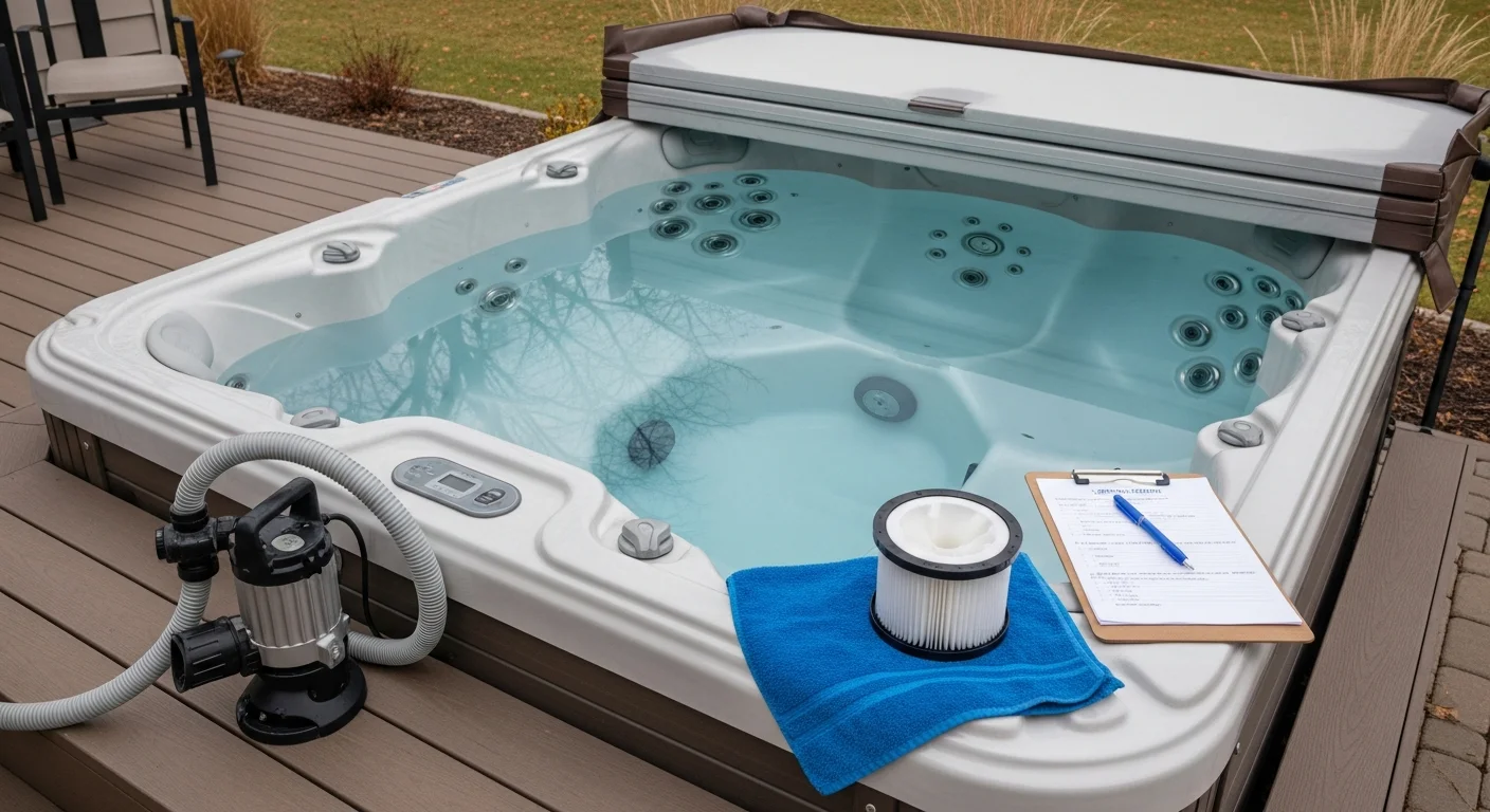 A residential hot tub in a Maple Grove backyard with the cover removed during a professional winterization service, showing drained shell and open equipment access panel. A spa technician inspects the pump and plumbing lines in preparation for the Minnesota winter season.
