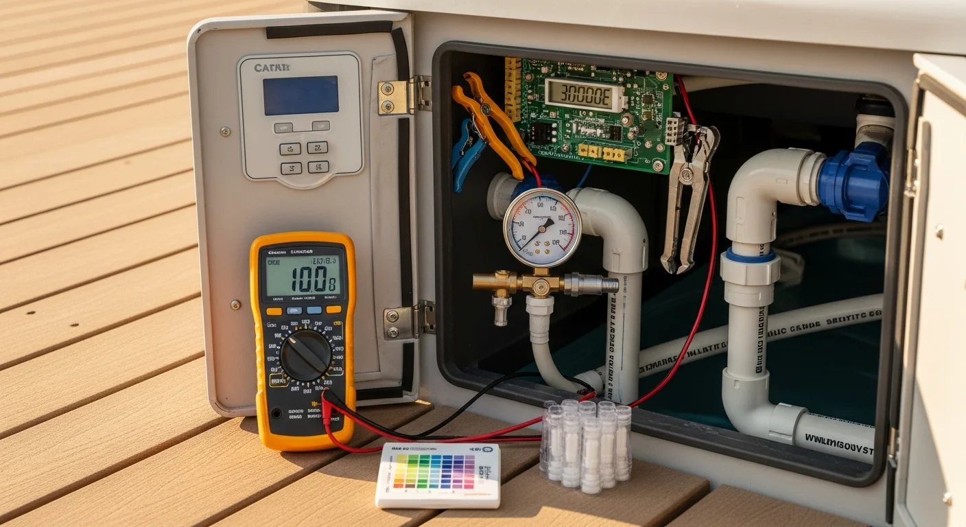An IronManHotTubs technician inspecting the pump and heater components of a residential jacuzzi in a Maple Grove, MN backyard. The technician is checking internal plumbing connections during a hot tub diagnostic service visit.