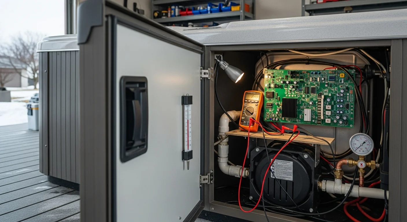 A hot tub technician inspecting the pump and control panel of a residential spa in a Maple Grove backyard. The spa cabinet is open and the technician is checking internal components during a repair diagnostic visit.