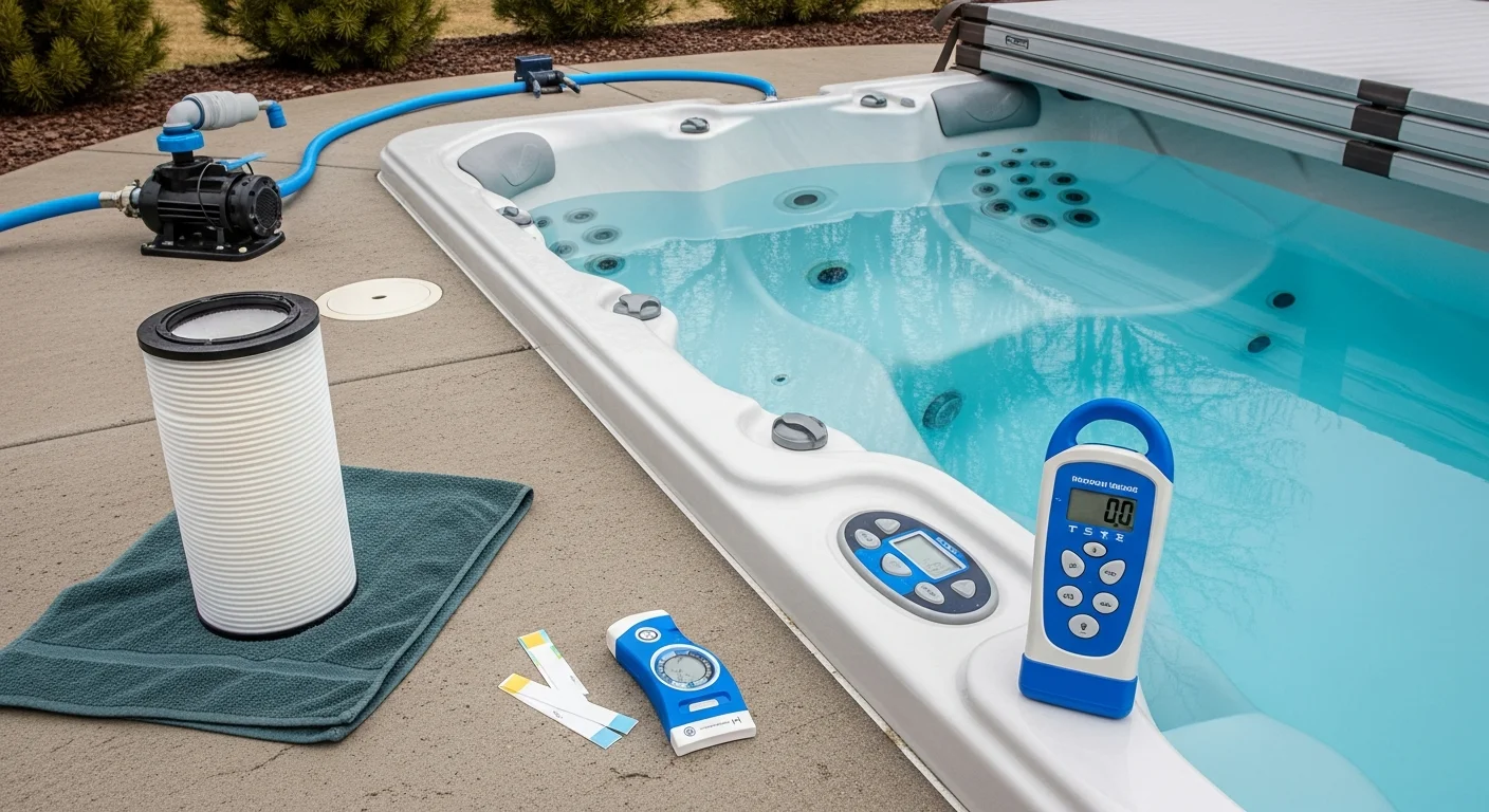 A clean, clear swim spa in a Maple Grove backyard with a properly fitted cover and frost on the surrounding deck, showing winter-ready maintenance. A technician from IronManHotTubs checks the water chemistry panel during a service visit.