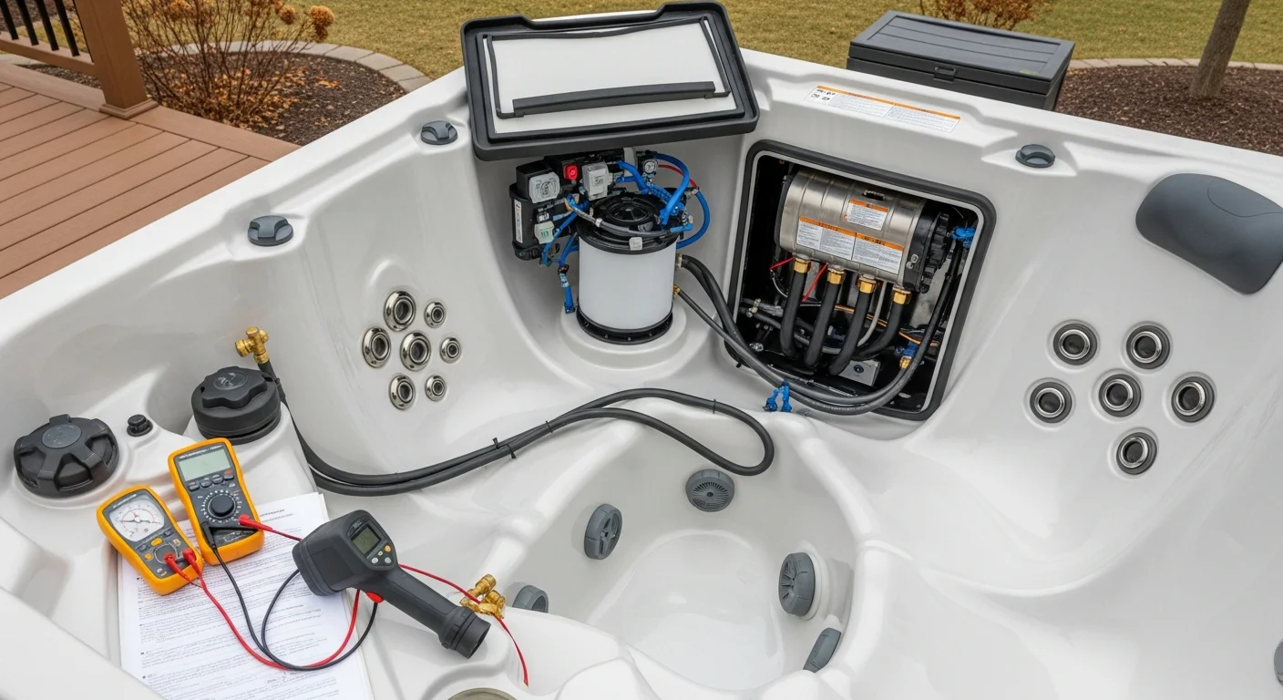 A swim spa in a Maple Grove, MN backyard with the equipment panel open and a technician inspecting the pump and heater components. Snow is visible on the ground, showing the unit in a Minnesota winter setting.