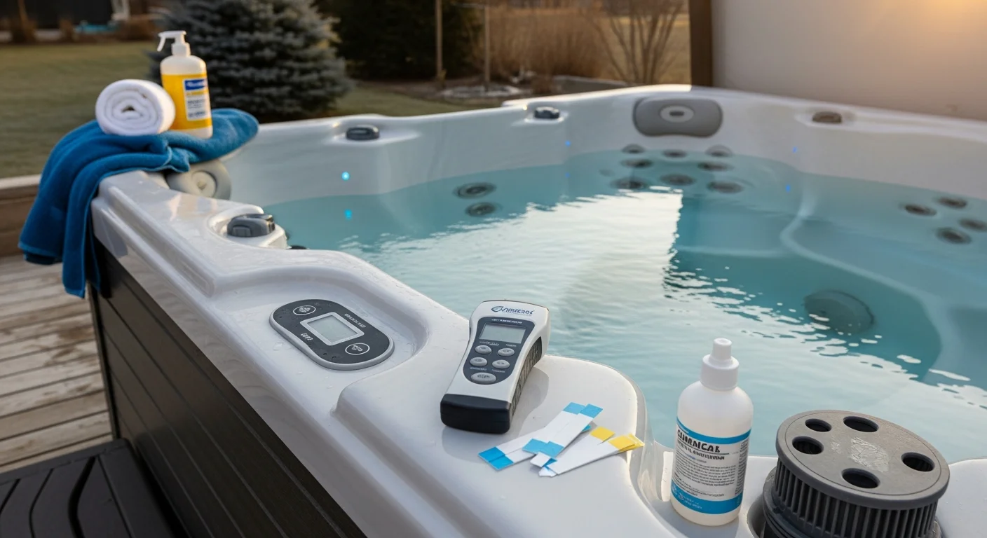 An IronManHotTubs technician testing water chemistry in a residential hot tub in a Maple Grove backyard. The spa cover is set aside and the water is clear, with a test kit and chemical supplies on the spa edge.